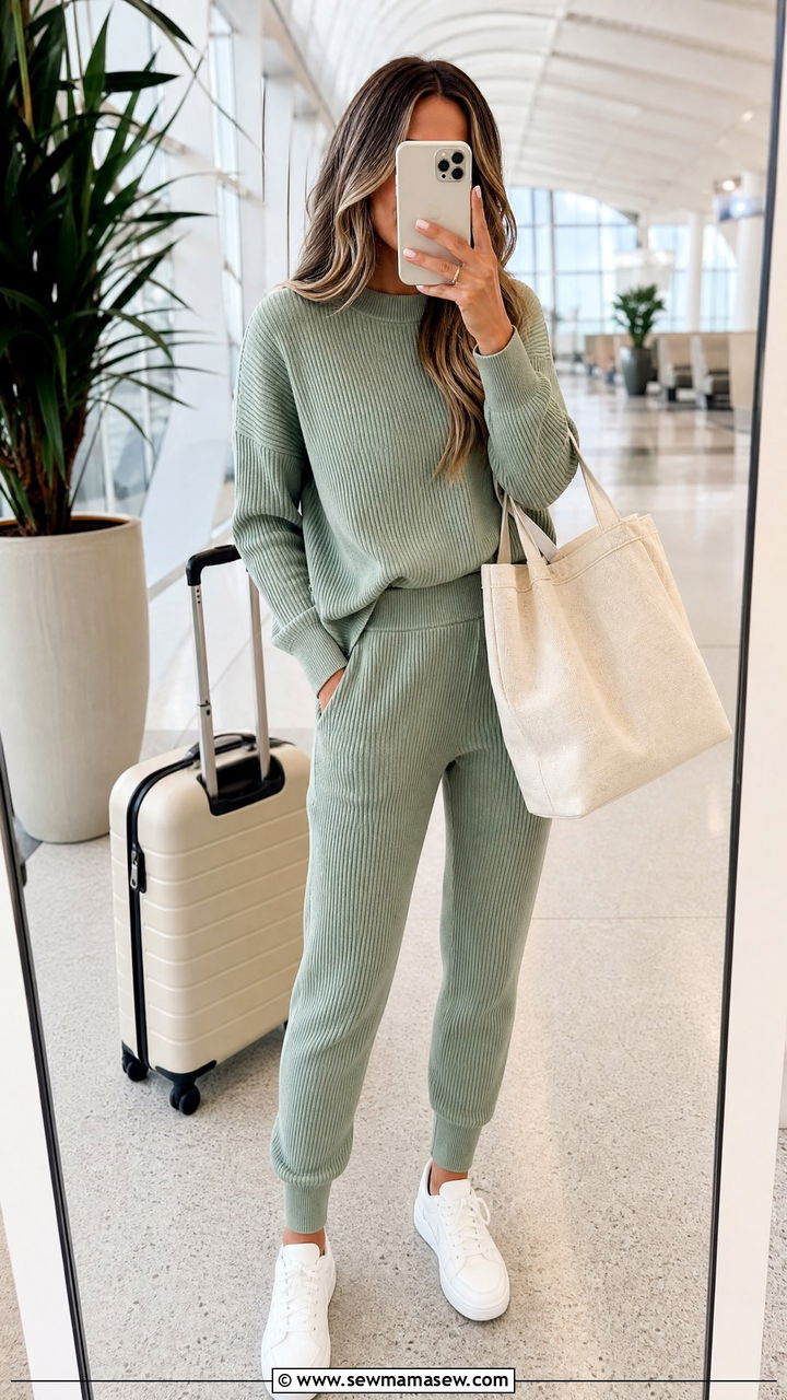 Sage Green Two Piece Knit Lounge Set With White Sneakers - 25 Sage girl outfit ideas