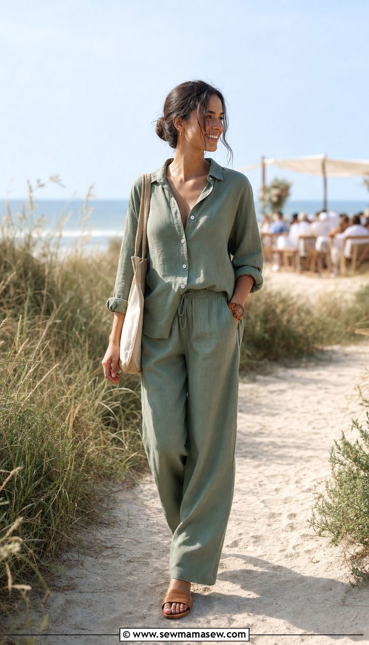 Sage Green Two Piece Linen Set With Flat Mules - 35 Beach wedding guest outfit ideas