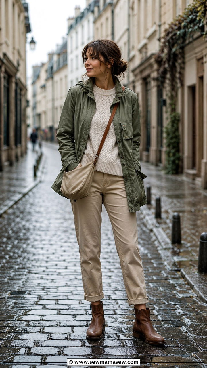 Sage Green Utility Jacket with Beige Ankle Trousers - 25 rainy day outfits aesthetic