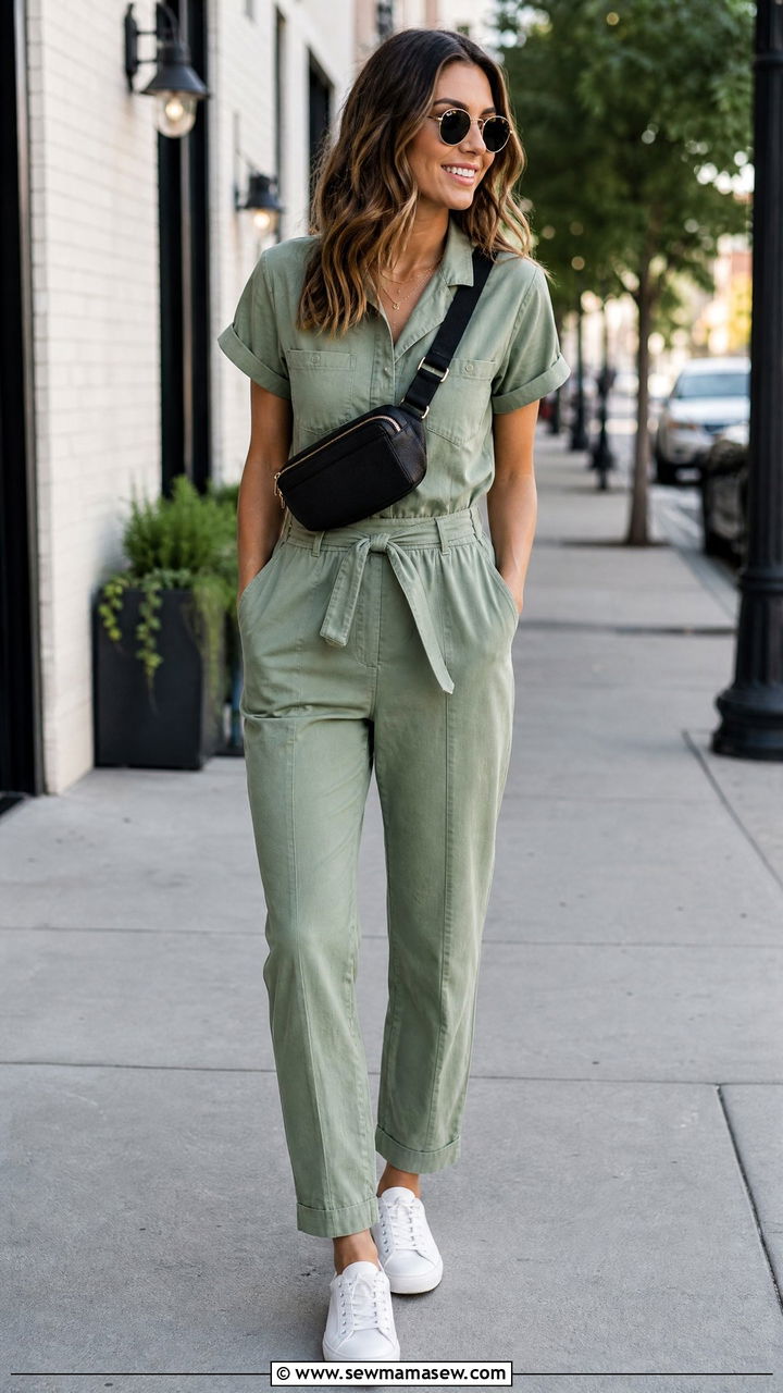 Sage Green Utility Jumpsuit With Canvas Belt - 25 Sage girl outfit ideas