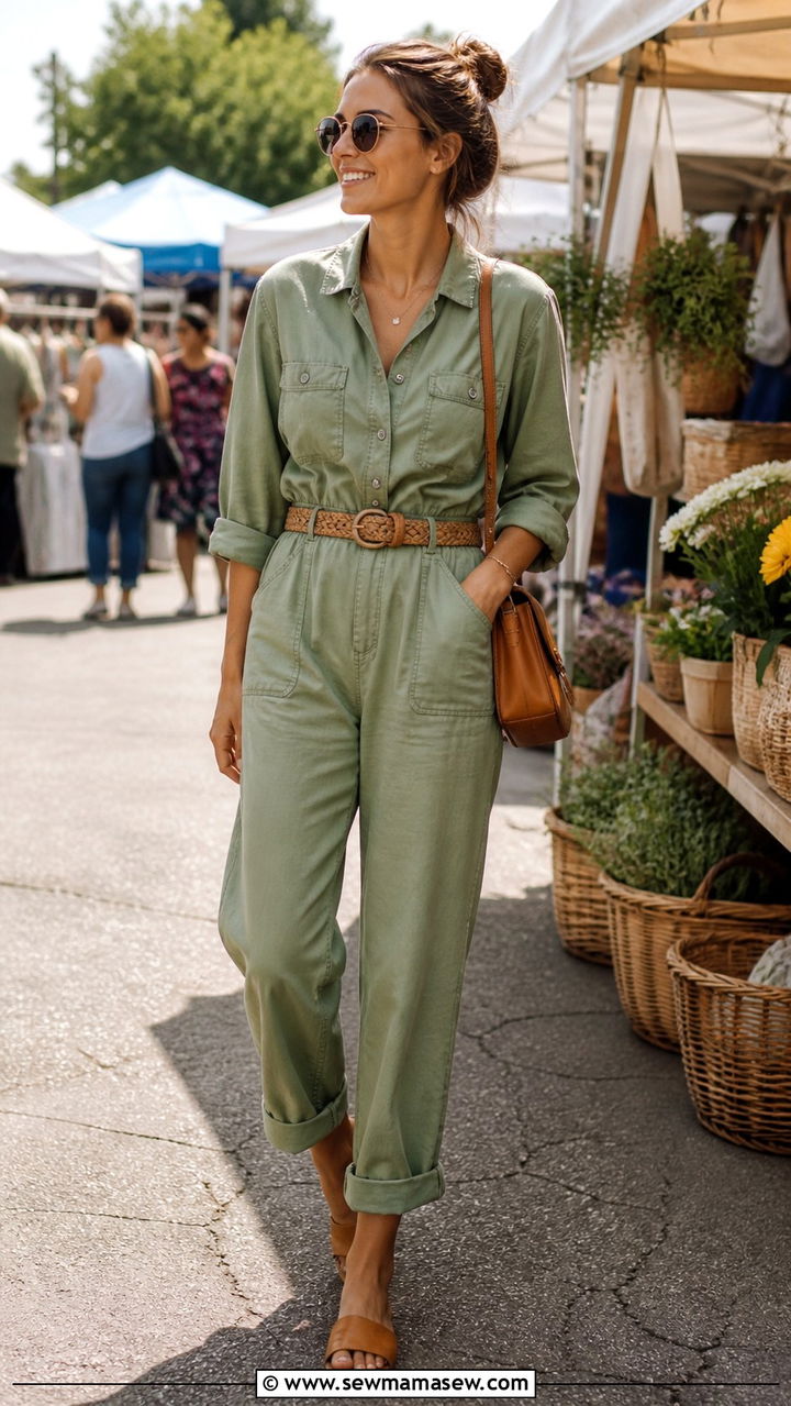 Sage Green Utility Jumpsuit With Sandals - 40 Sage green outfit ideas