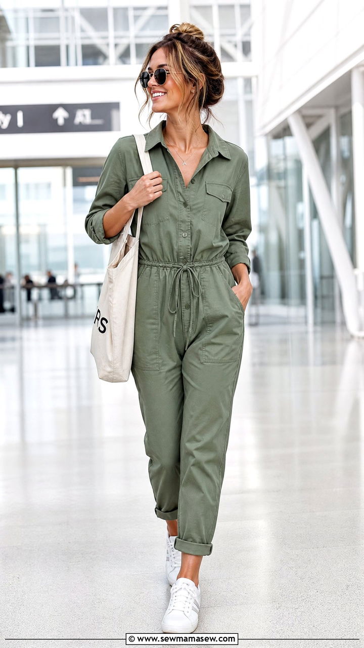 Sage Green Utility Jumpsuit With White Sneakers - 30 summer sage green outfit ideas