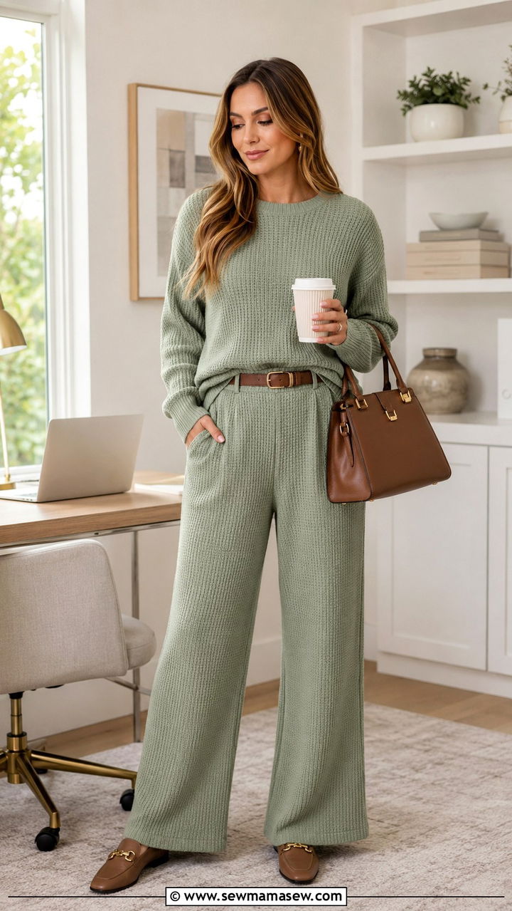 Sage Green Waffle Knit Lounge Set With Loafers - 20 Sage loungewear set outfit ideas