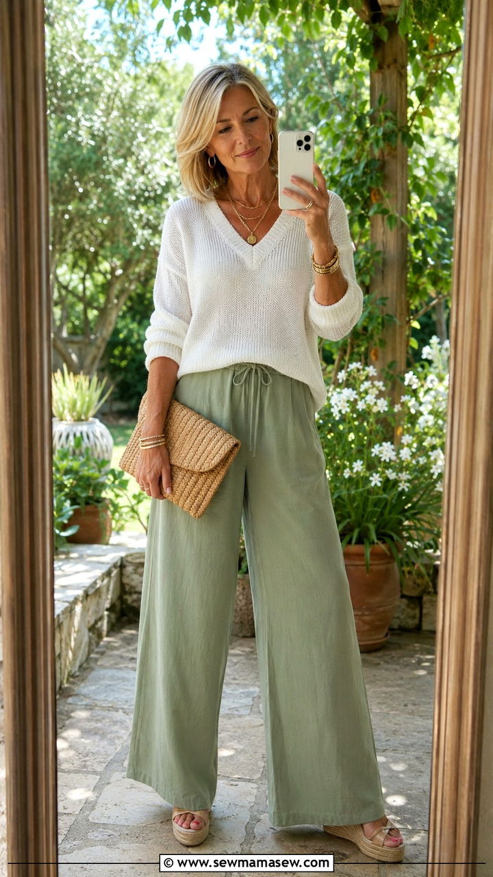 Sage Green Wide Leg Pants With a White Knit Top - 30 Trendy outfit ideas for women over 60