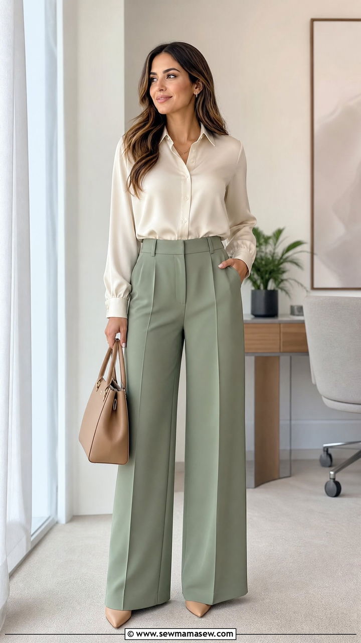 Sage Green Wide Leg Trousers With Cream Silk Blouse - 25 Sage girl outfit ideas