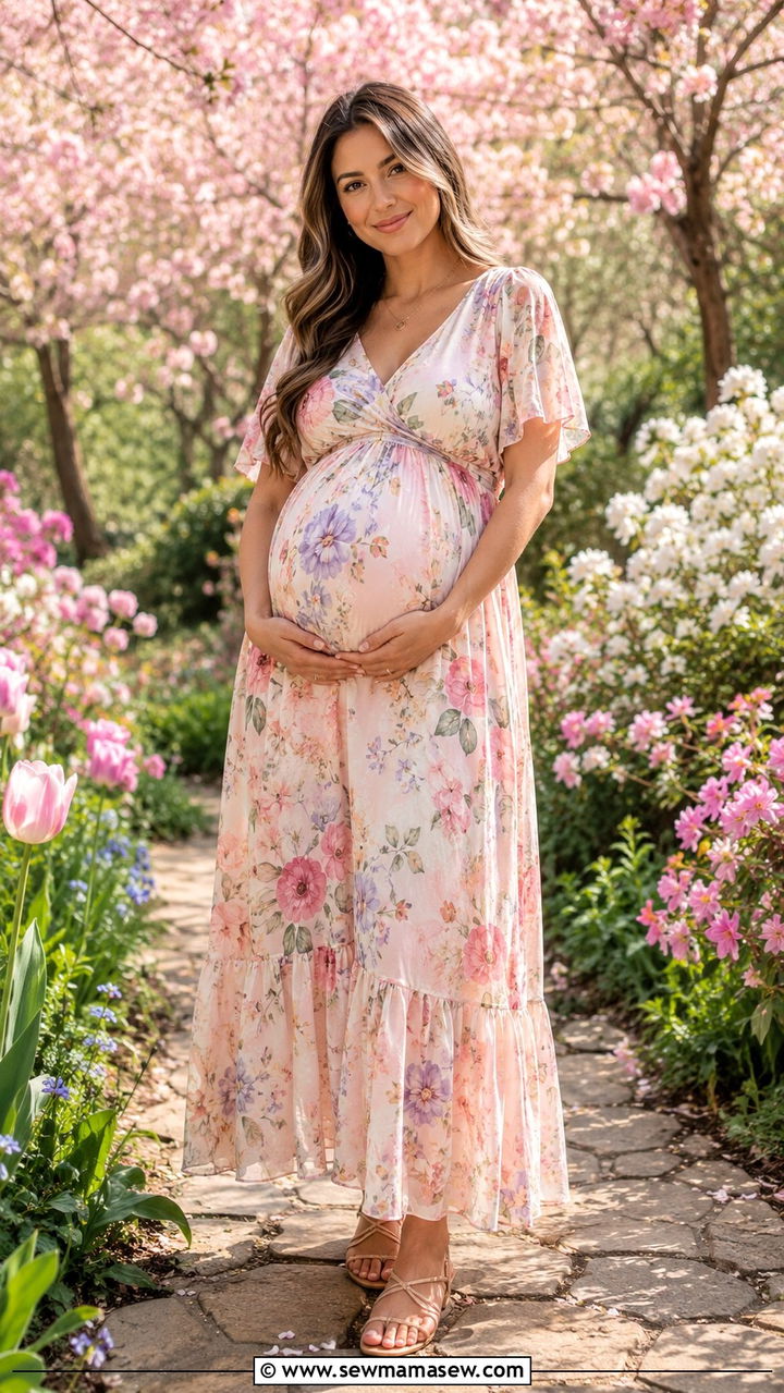 Sage Green Wrap Dress With Neutral Sandals - 30 Spring maternity photo outfits