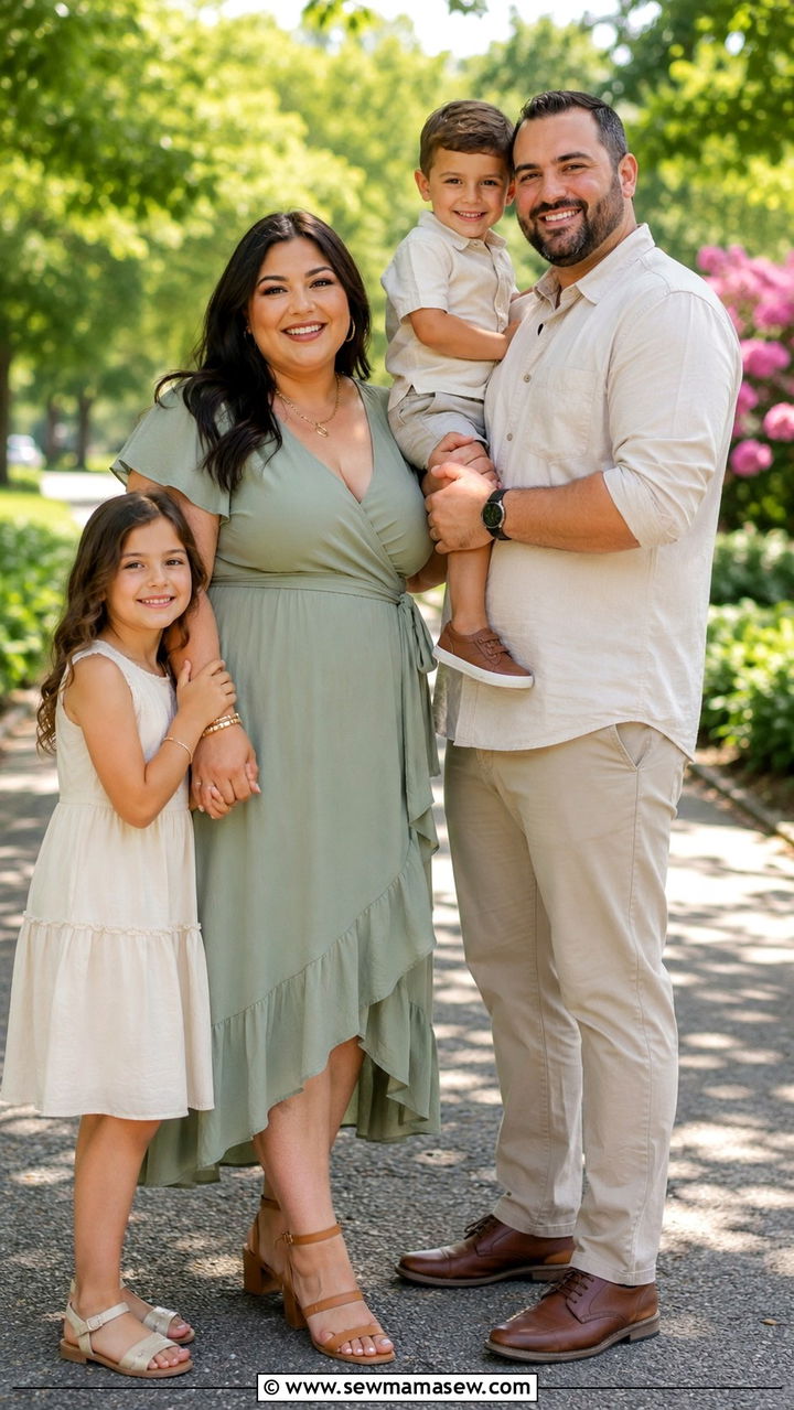 Sage Green Wrap Dress With Tan Sandals - 30 Plus size outfit ideas for family photos