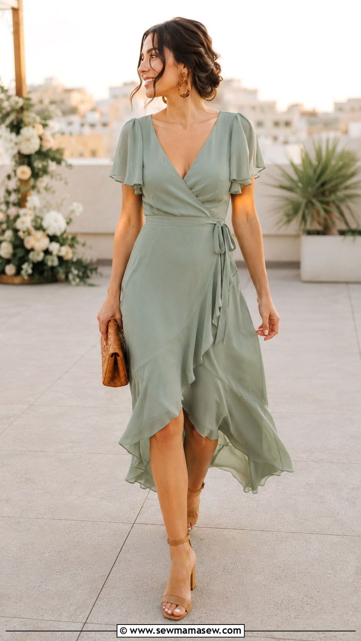 Sage Green Wrap Dress with Tan Accessories for Rooftop Wedding - 30 Rooftop wedding guest outfit ideas