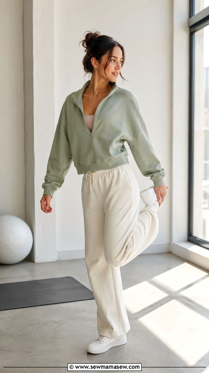 Sage Green Zip Up With Cream Wide Leg Joggers - 30 Modest workout outfit ideas 2026