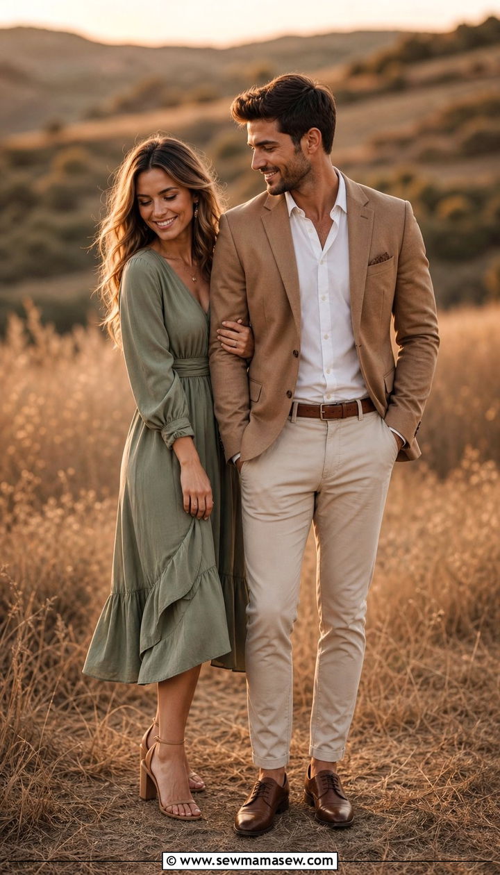 Sage Green and Camel Earthy Tones - 25 Couples photo outfit ideas 2026