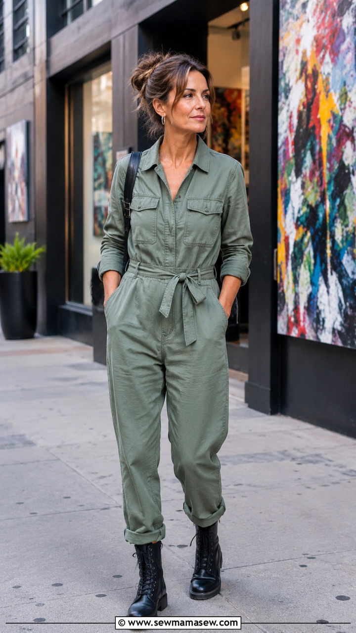 Sage Utility Jumpsuit With Combat Boots - 30 Jumpsuit outfit ideas for women over 40