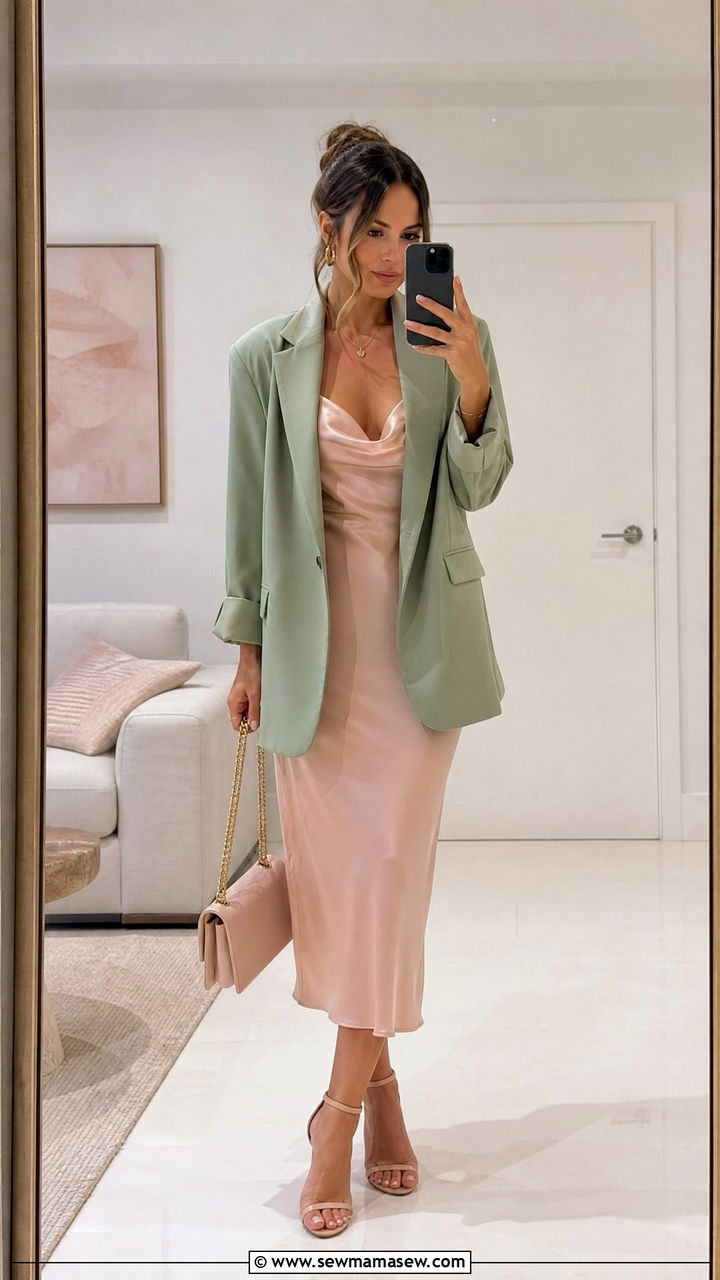 Sage blazer over a blush slip dress - 25 Sage and blush outfit ideas