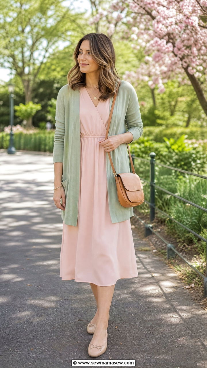 Sage cardigan over a blush midi dress - 25 Sage and blush outfit ideas