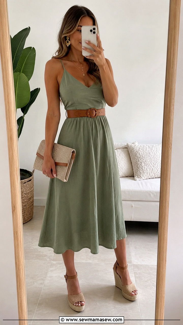 Sage green A line midi dress and nude wedges beach wedding guest - 25 Beach formal wedding guest outfit ideas