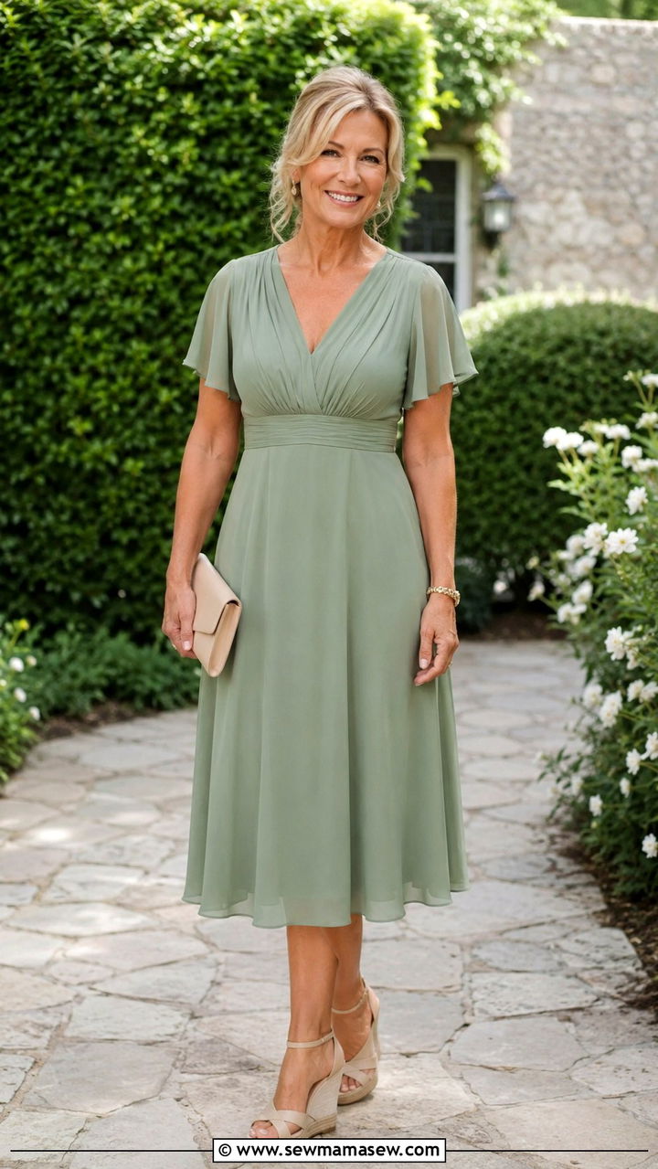 Sage green A line midi dress with nude wedge sandals - 25 Wedding guest outfit ideas for 60 year old