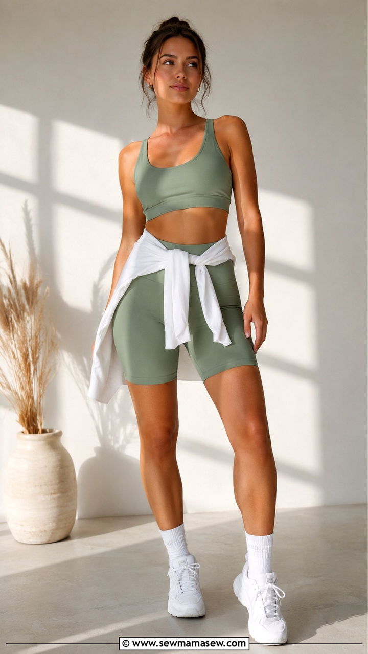Sage green biker shorts and matching sports bra - 25 Pilates girl outfit ideas