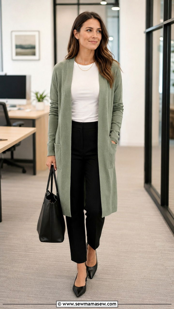 Sage green cardigan over white tee and tailored trousers - 30 Sage green outfit ideas for work