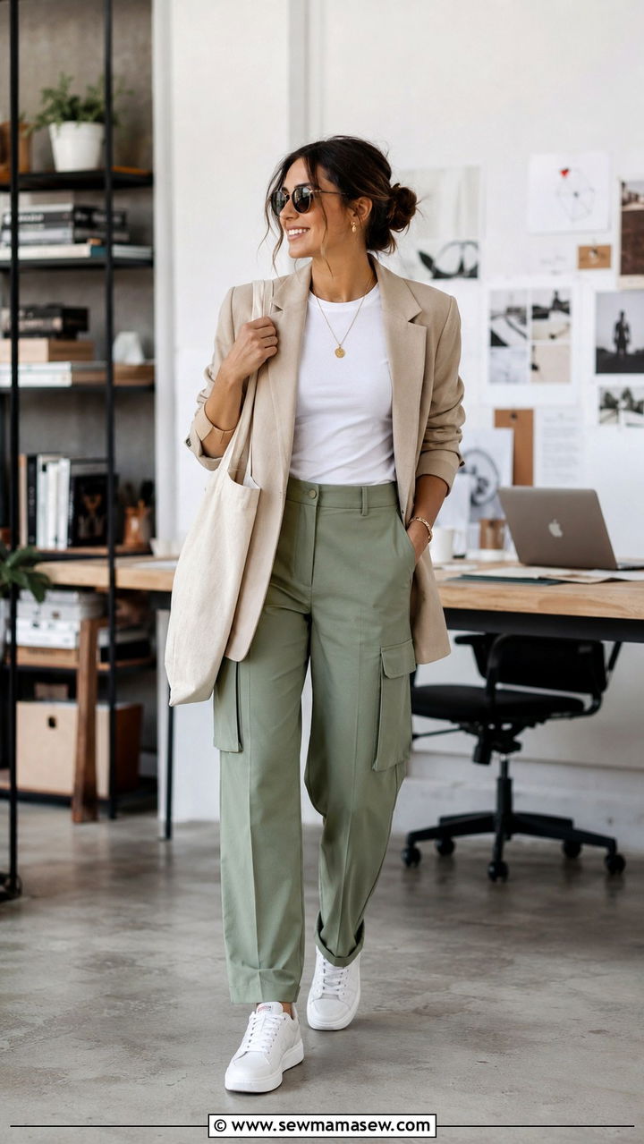 Sage green cargo pants with white tee and blazer - 30 Sage green outfit ideas for work