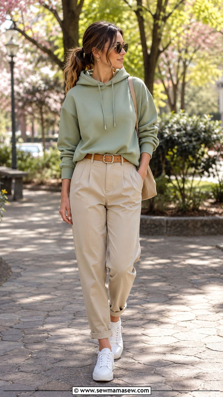 Sage green hoodie with beige chinos and white sneakers - 30 Hoodie outfit ideas for women 2026