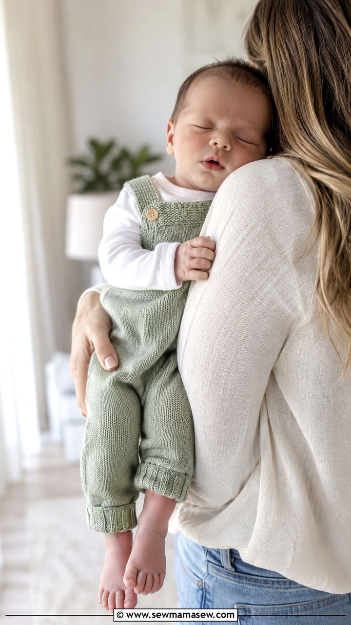 Sage green knit overalls and onesie outfit - 20 Newborn lifestyle photo outfit ideas