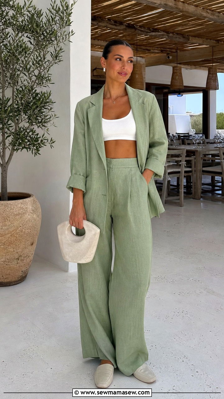 Sage green linen suit with crop top and flat mules for Mykonos - 40 What to wear in Mykonos