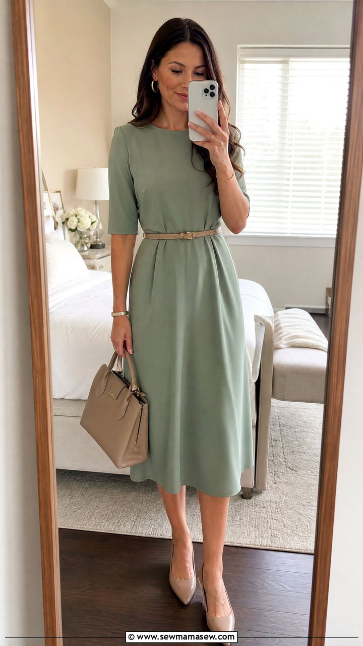 Sage green midi dress and nude pumps - 35 Medical conference outfit ideas