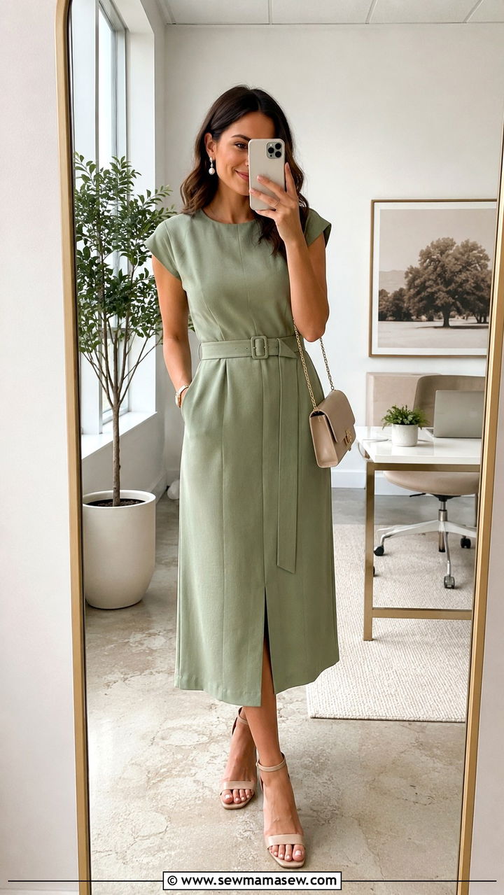 Sage green midi dress with nude heels - 30 Sage green outfit ideas for work
