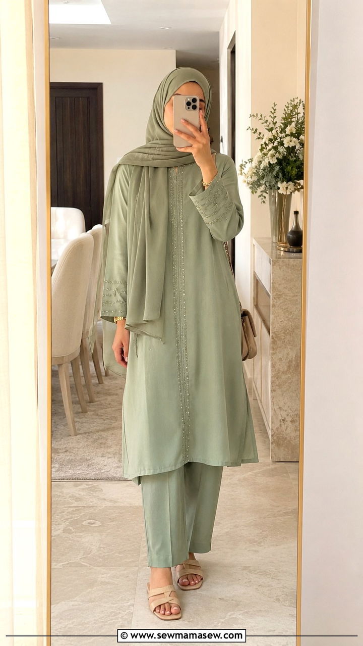 Sage green modest set for Ramadan - 30 Modest outfit ideas for Ramadan