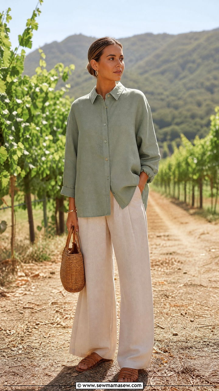 Sage green oversized button down with cream linen trousers and woven slides - 40 Oversized button down outfit ideas