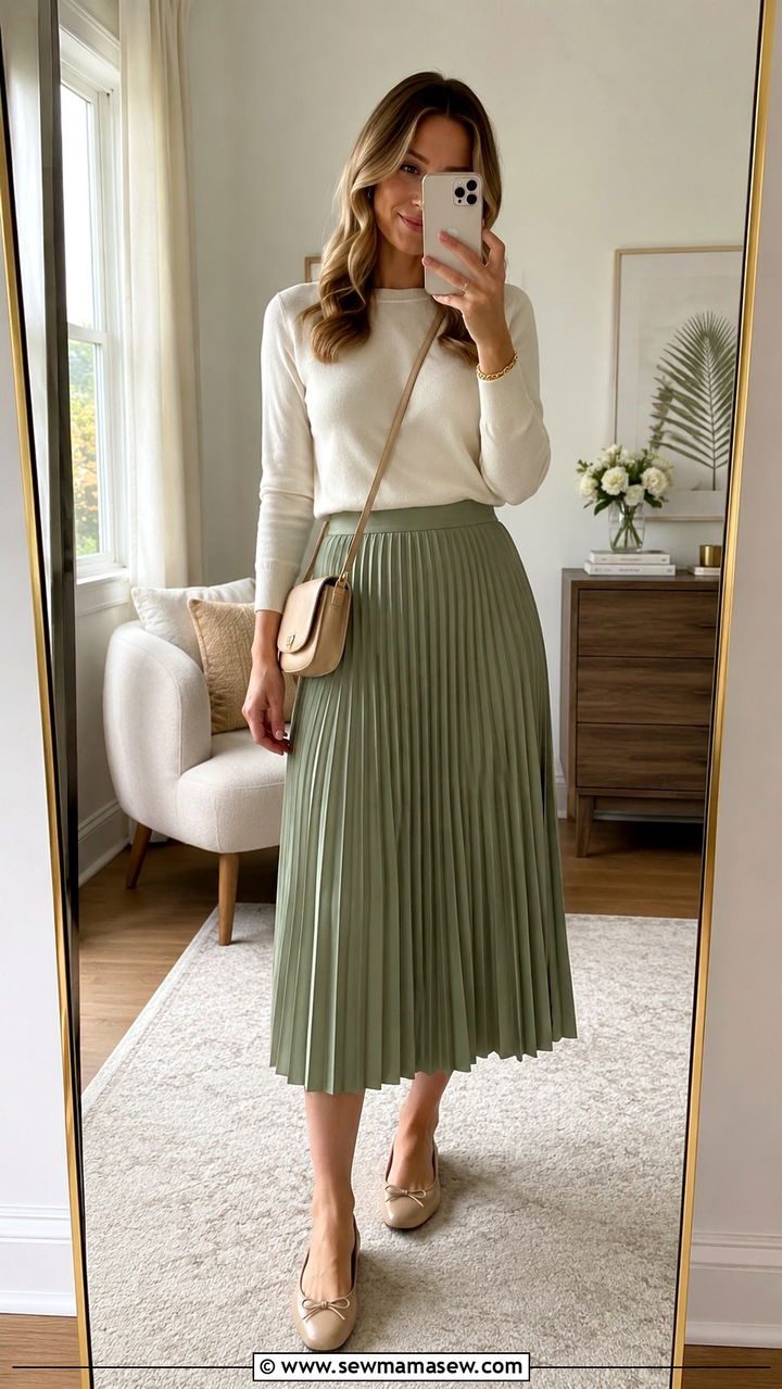 Sage green pleated midi skirt with cream sweater - 30 Sage green outfit ideas for work