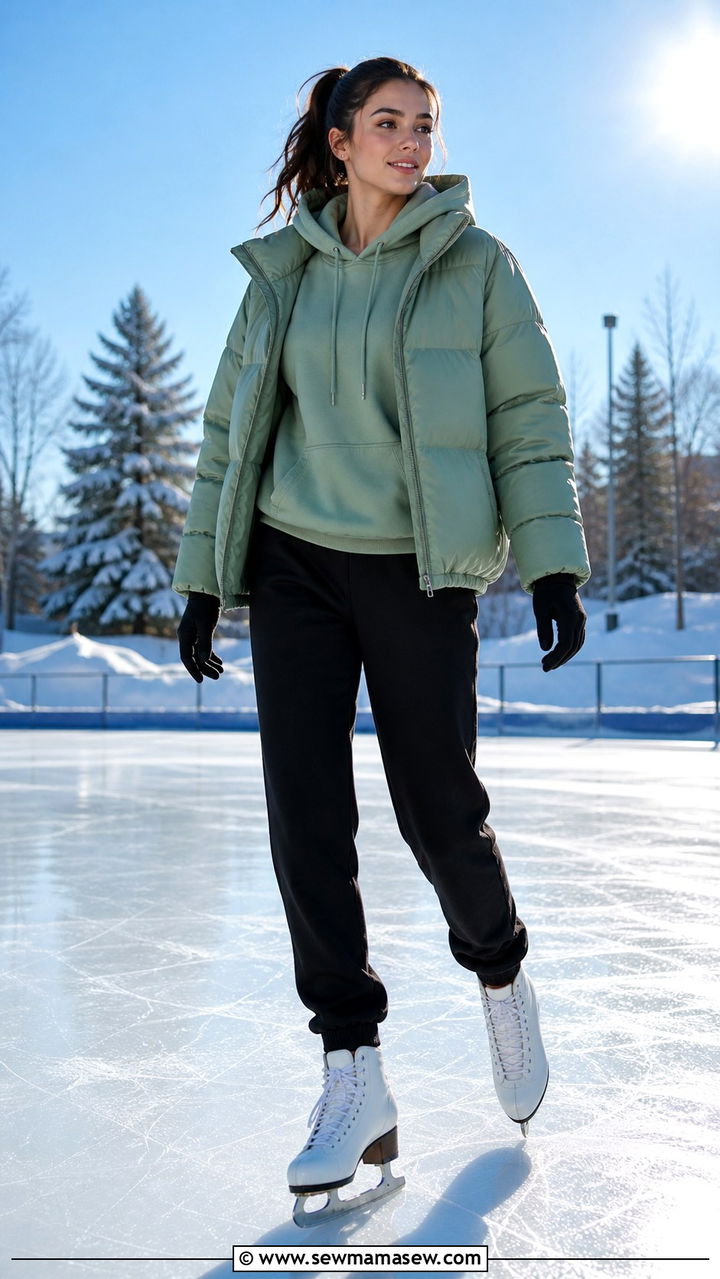 Sage green puffer jacket hoodie and sweatpants ice skating outfit - 40 Ice skating outfit ideas