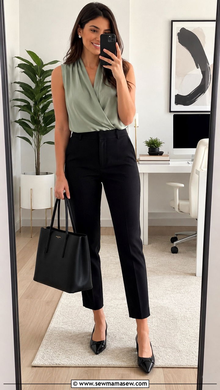 Sage green sleeveless blouse with ankle pants - 30 Sage green outfit ideas for work