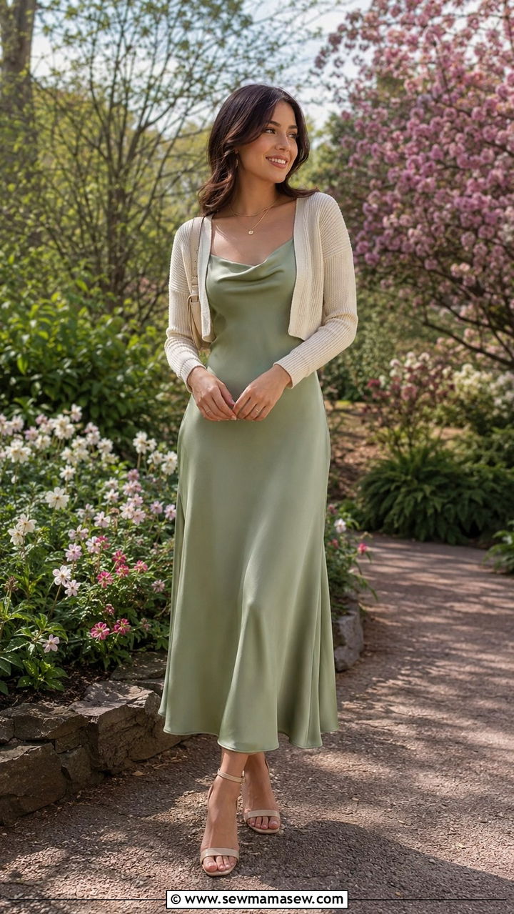 Sage green slip dress with a cropped cardigan and heeled sandals - 30 Graduation outfit ideas for guests 2026