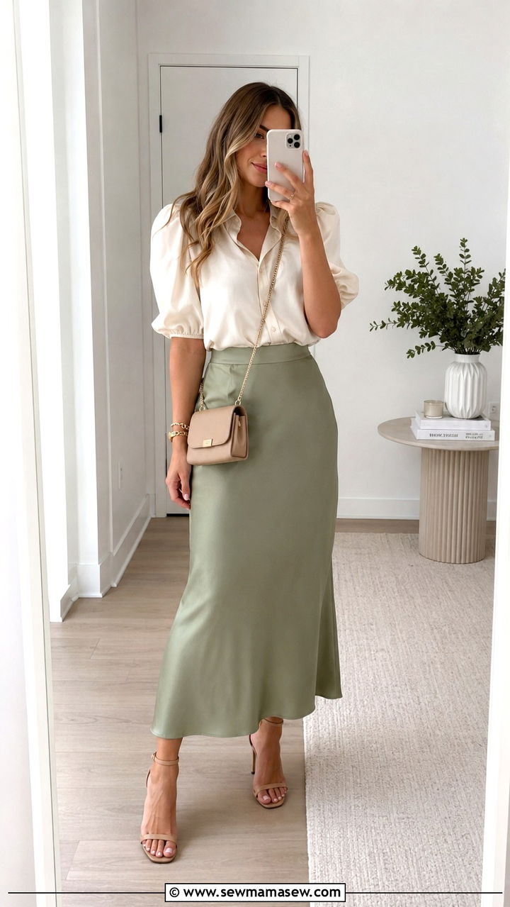 Sage green slip skirt with tucked in blouse - 30 Sage green outfit ideas for work