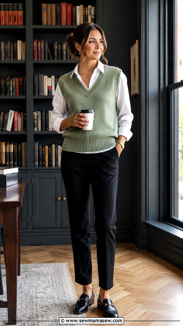 Sage green sweater vest over white button down - 30 Sage green outfit ideas for work