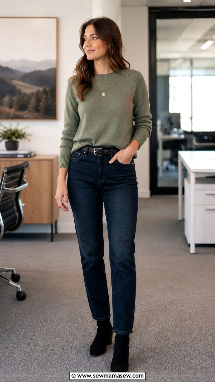 Sage green sweater with dark denim - 30 Sage green outfit ideas for work