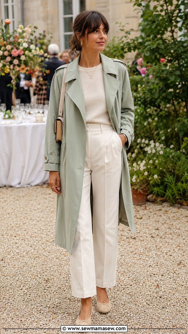 Sage green trench coat over an all cream look - 30 casual french girl outfits