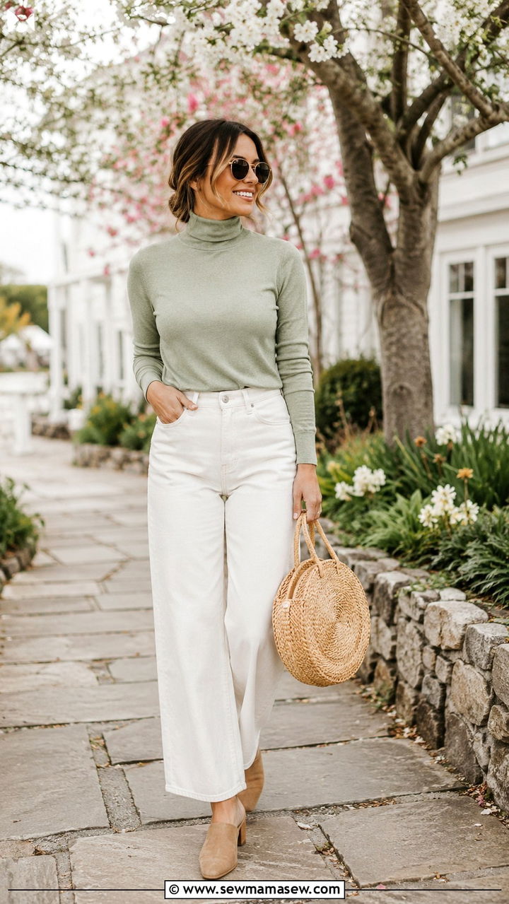Sage green turtleneck with white denim spring outfit - 30 Spring outfits with turtleneck