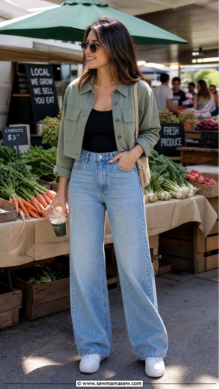 Sage green utility jacket and light wash jeans - 35 Mature woman outfit ideas