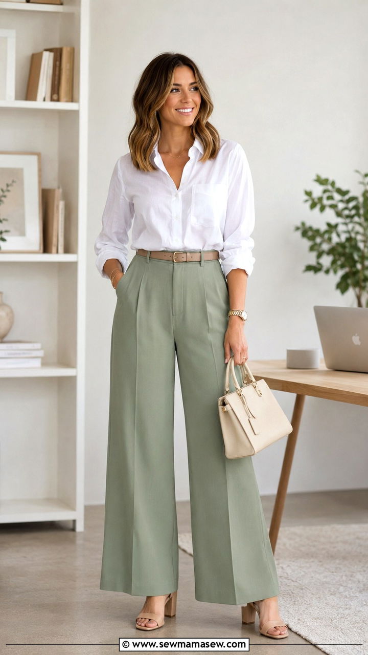 Sage green wide leg pants with white blouse - 30 Sage green outfit ideas for work