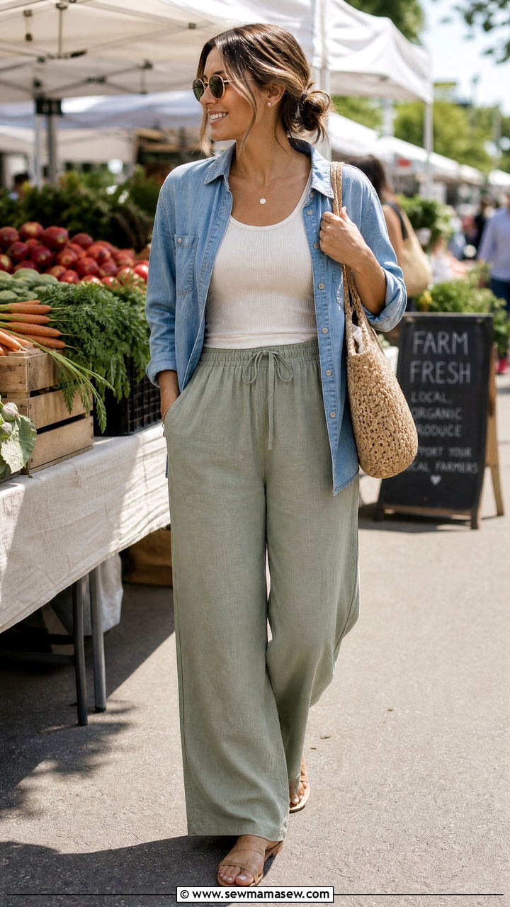Sage linen wide leg pants with ribbed tank and chambray shirt - 25 How to style linen pants in summer