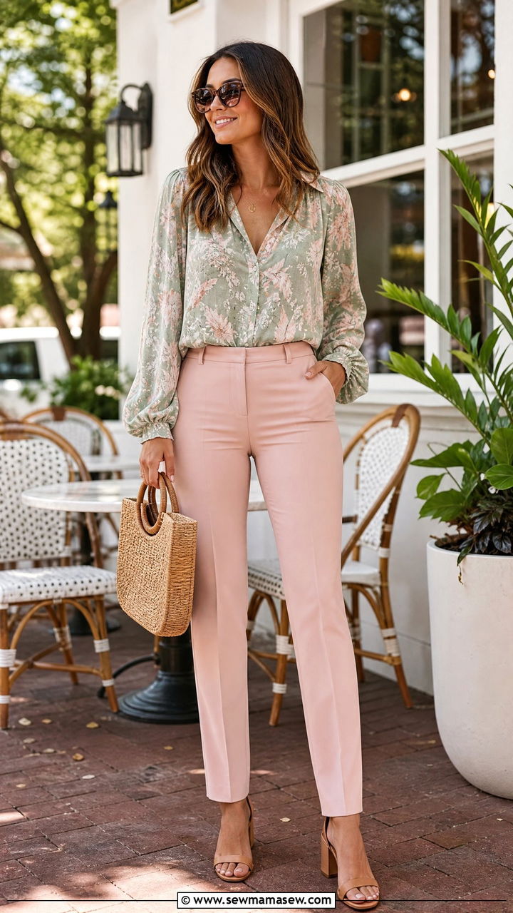Sage printed blouse with blush pants for brunch - 25 Sage and blush outfit ideas