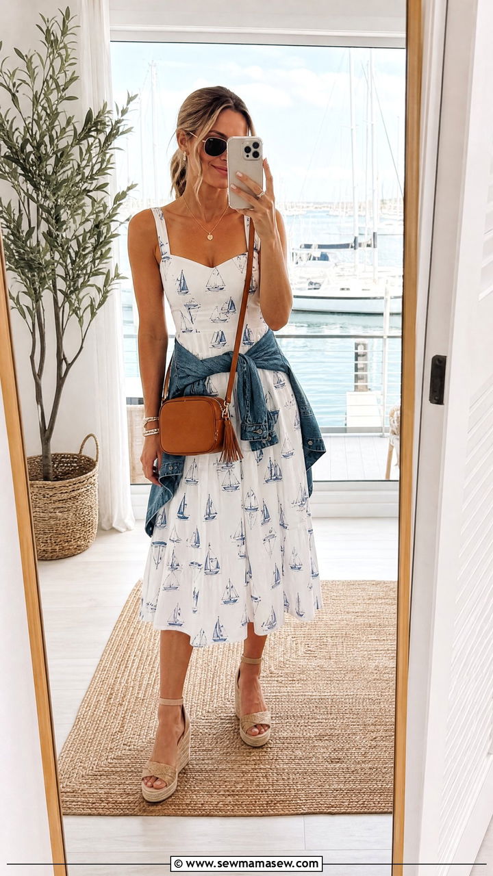Sailboat print midi dress with espadrille wedges - 25 Sailboat outfit ideas