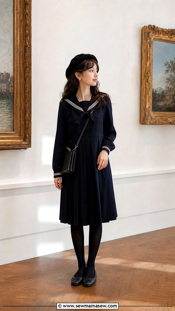 Sailor collar dress with beret and ballet flats outfit - 40 light academia outfits