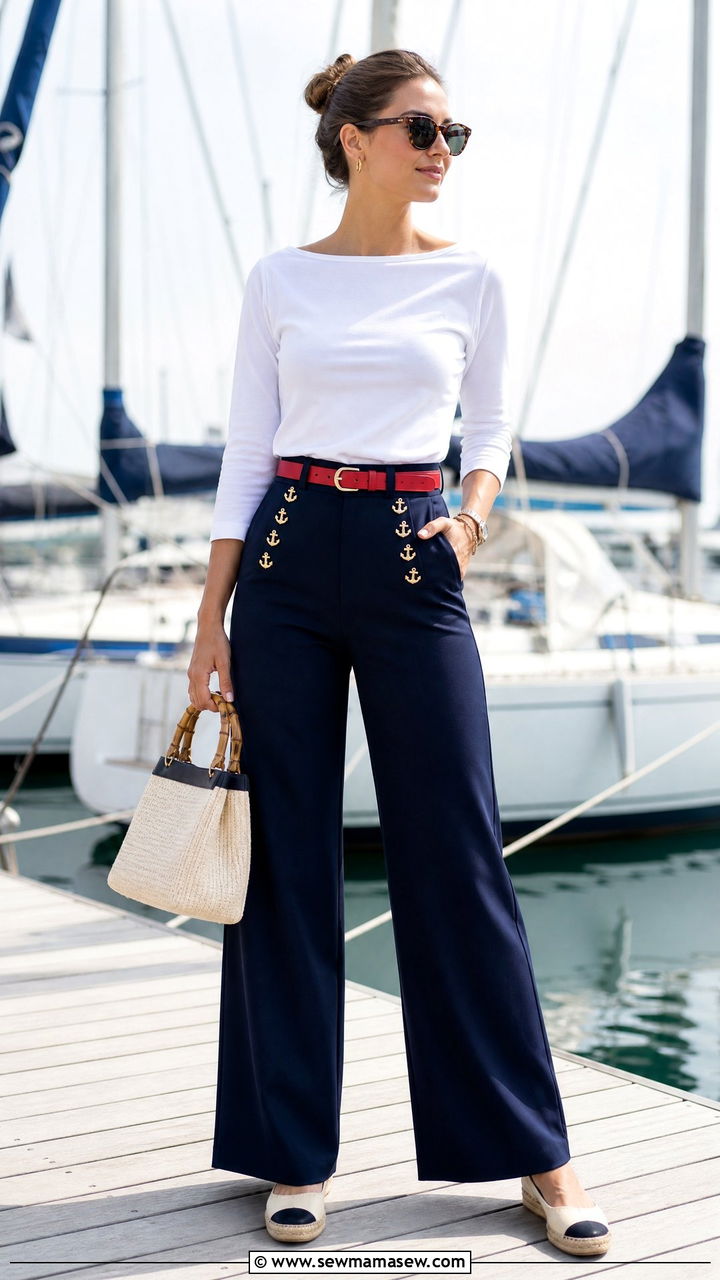 Sailor wide leg pants with boatneck top nautical outfit - 25 Sailboat outfit ideas
