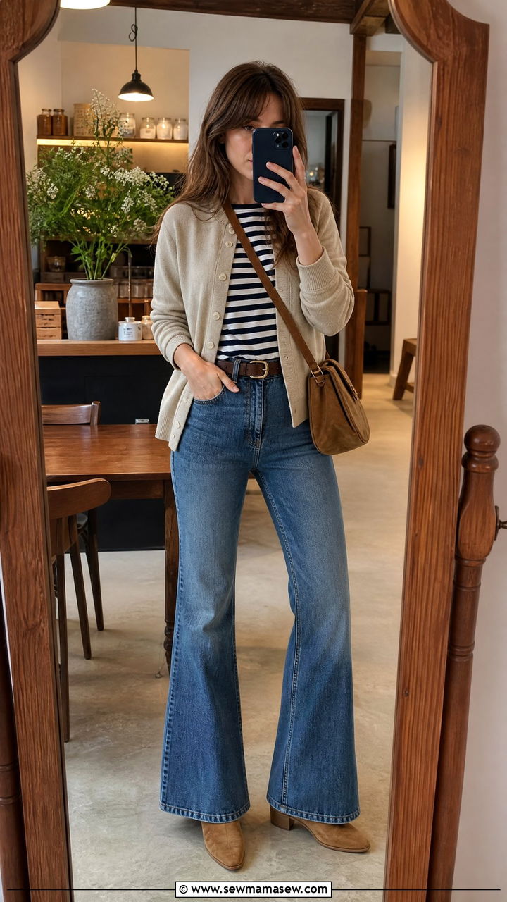 Saint James shirt with cardigan and flare jeans - 25 French girl outfit ideas with Saint James shirt
