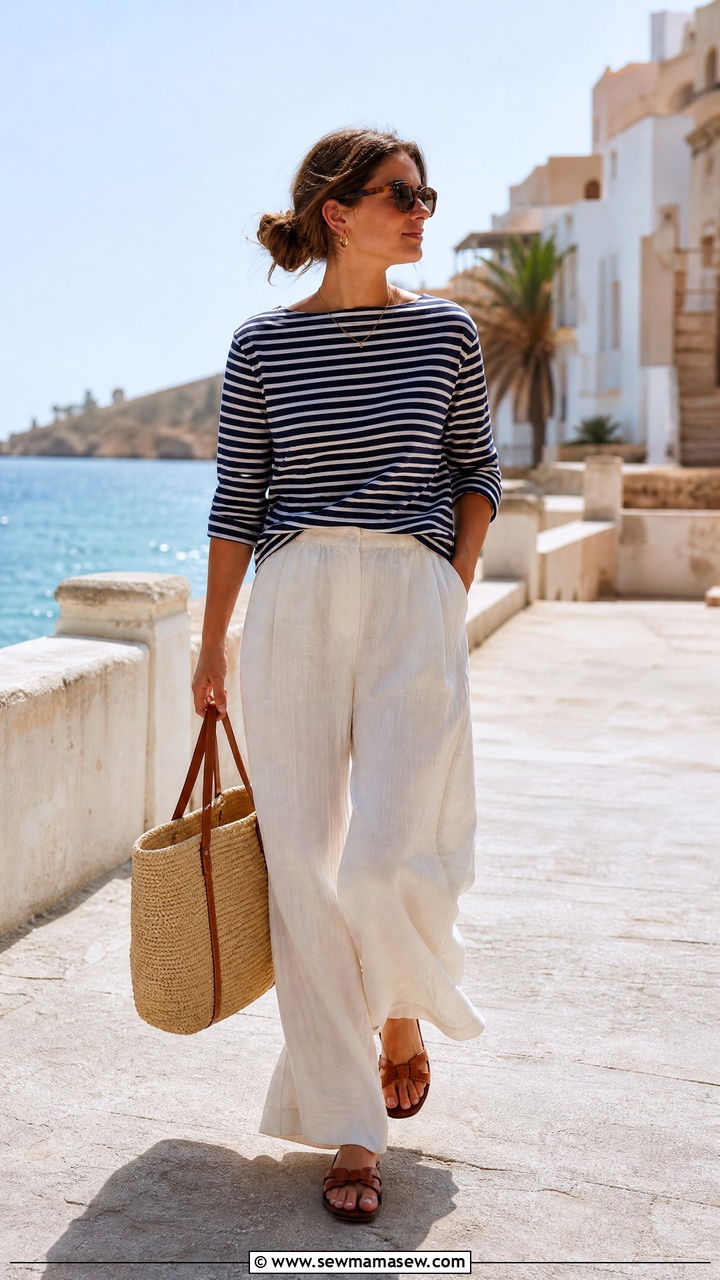 Saint James shirt with linen trousers and flat sandals - 25 French girl outfit ideas with Saint James shirt