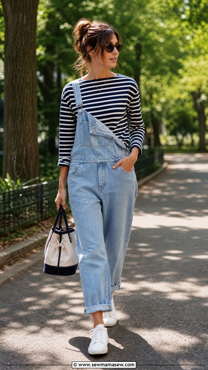 Saint James shirt with overalls and white sneakers - 25 French girl outfit ideas with Saint James shirt