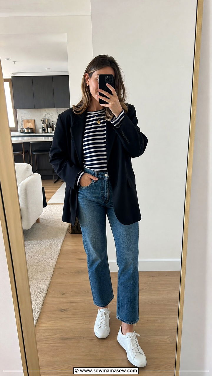 Saint James shirt with oversized blazer and denim - 25 French girl outfit ideas with Saint James shirt