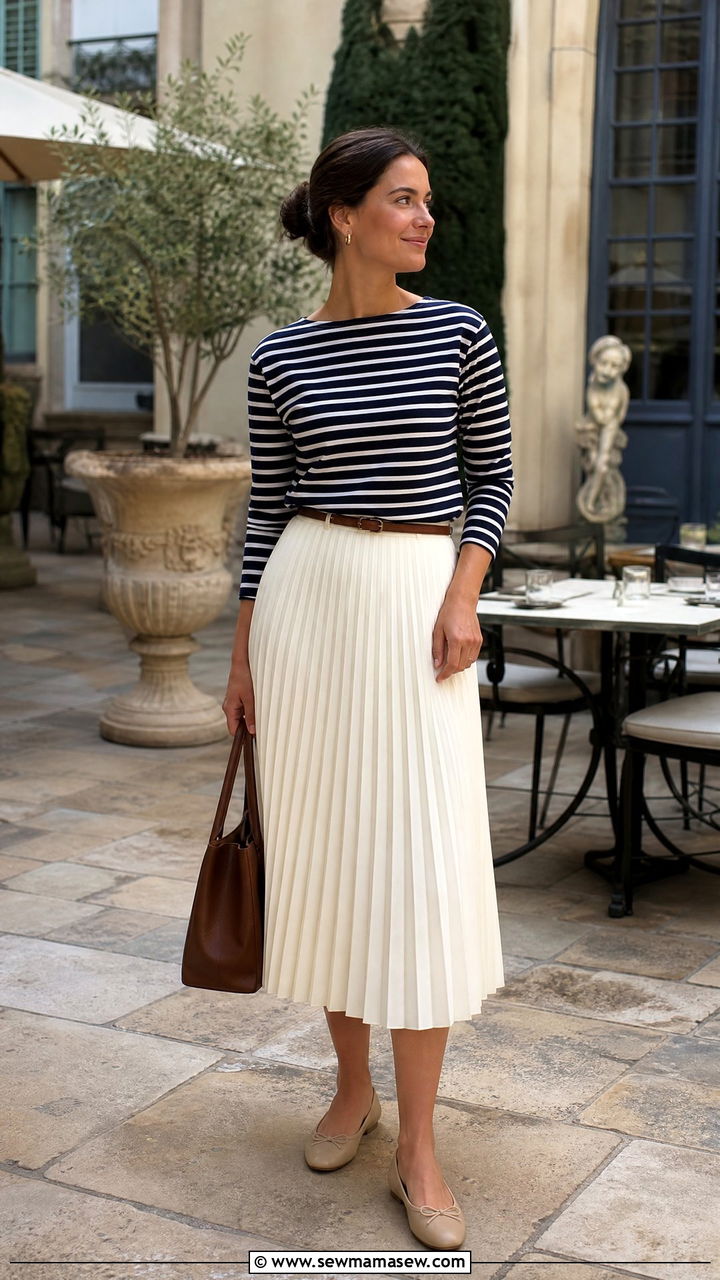 Saint James shirt with pleated midi skirt - 25 French girl outfit ideas with Saint James shirt